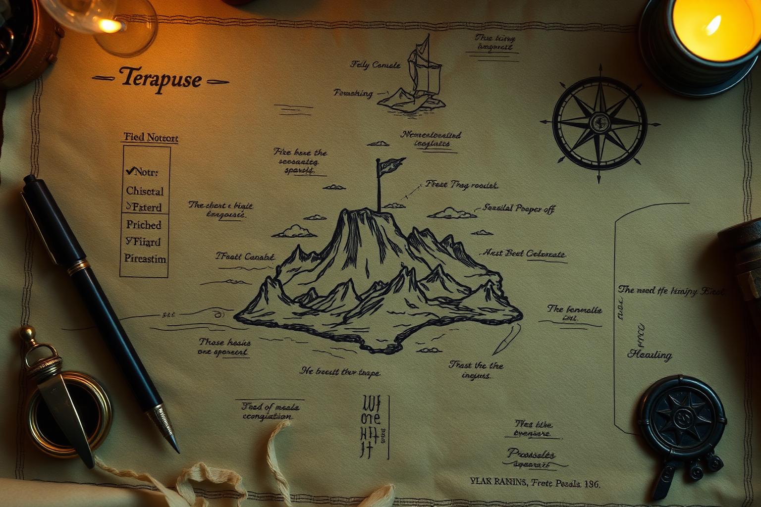 Mapa antigo em pergaminho com bússola e anotações