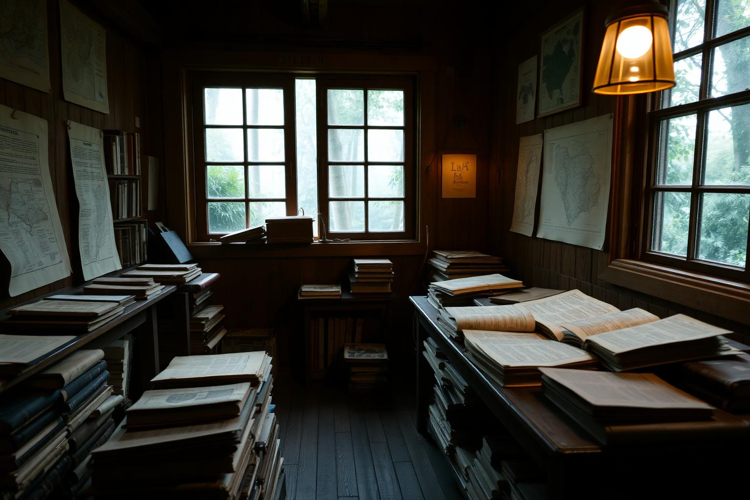 Biblioteca rústica de madeira com mapas e cadernos