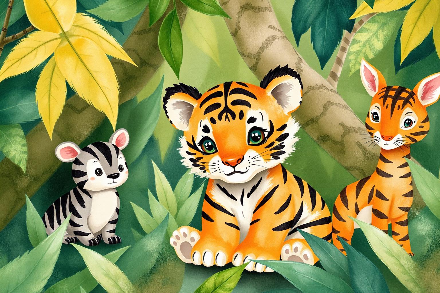 Ilustração de um tigrinho com seus amigos animais na floresta